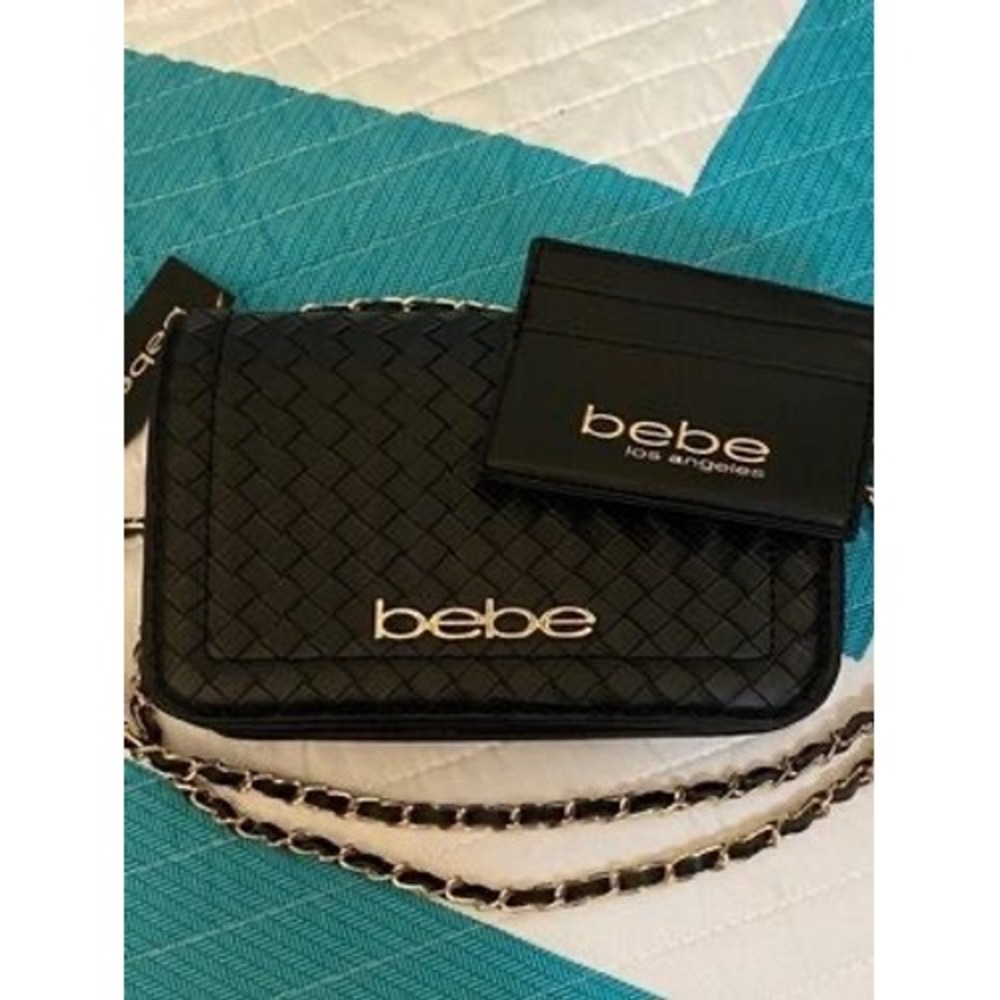 Bebe Woven Crossbody Bag with Matching Card Holder Black Gold Chain Strap NEW - Picture 6 of 6